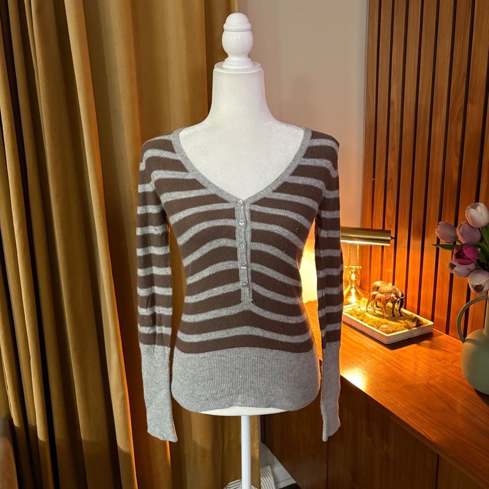 Mossimo Supply Co Womens Brown Gray Striped Henley Sweater Wool Angora Blend M